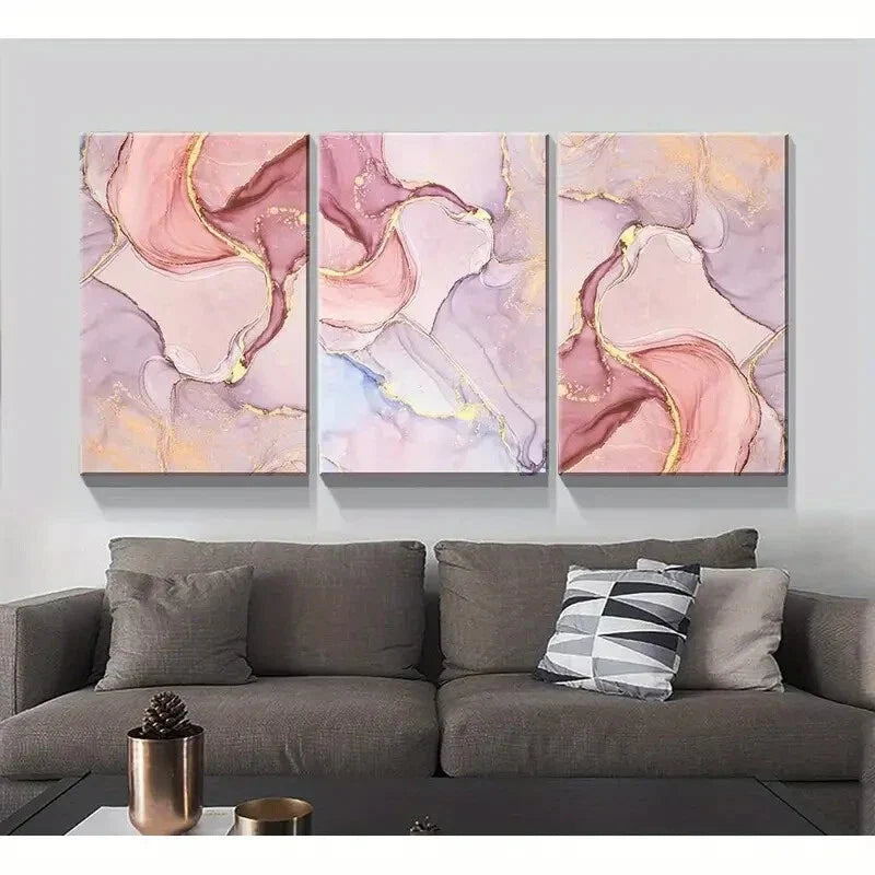 3pcs Abstract Pink Marble Golden Accents Metal Print Ready to Hang Art