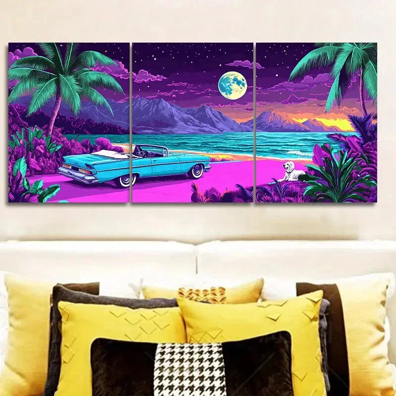 3pcs  Vibrant Tropical Miami Beach  Wall Art Set Canvas Framed 40x60cm - High Quality Print 100% Australian Made Wall Canvas Ready to Hang