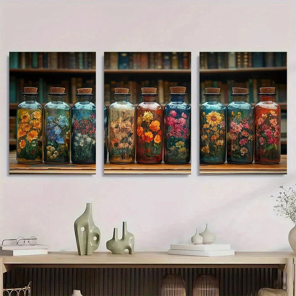 3pcs Vintage Floral Specimen Bottles Metal Print Ready to Hang Art