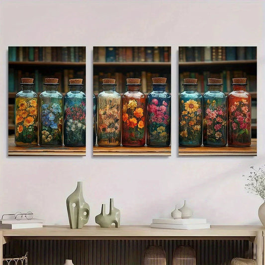 3pcs Vintage Floral Specimen Bottles Metal Print Ready to Hang Art