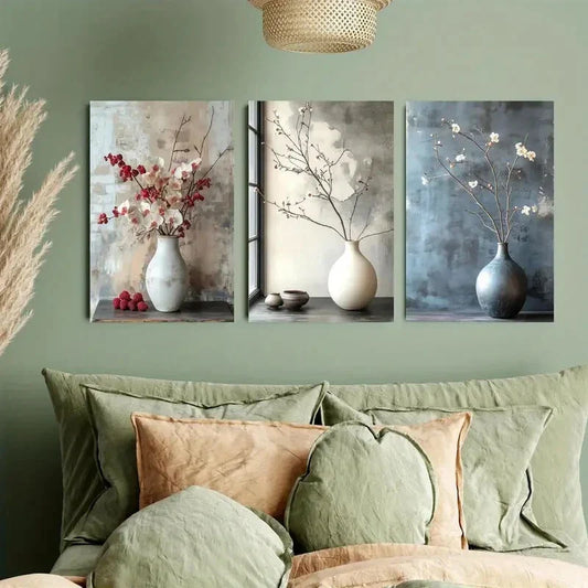 3pcs Floral Ceramic Vase & Blossoming Branches Metal Print Ready to Hang Art