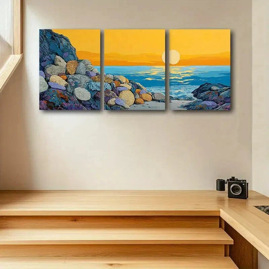 3pcs Vibrant Beach Scene with Rocks & Ocean Metal Print Ready to Hang Art