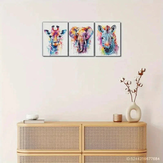3pcs Elephant Zebra Giraffe Colorful Animal Metal Print Ready to Hang Art
