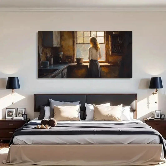 Serene Kitchen Scene Woman Wall Art Canvas Office Home Room Framed 120x60cm