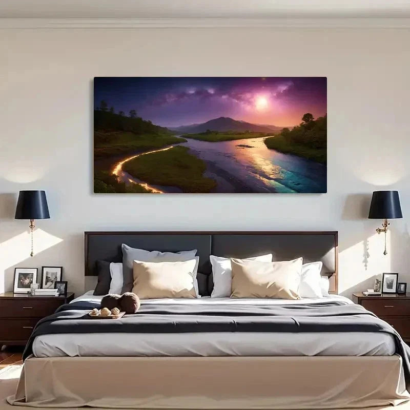 River & Mountain Scenery Dreamy Wall Art Canvas Office Home Room Framed 120x60cm