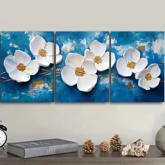 3pcs  White flowers on a blue background  Metal Print Ready to Hang Art