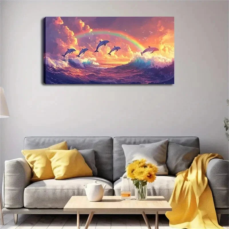 Vibrant Dolphins Leaping Under Wall Art Canvas Office Home Room Framed 120x60cm