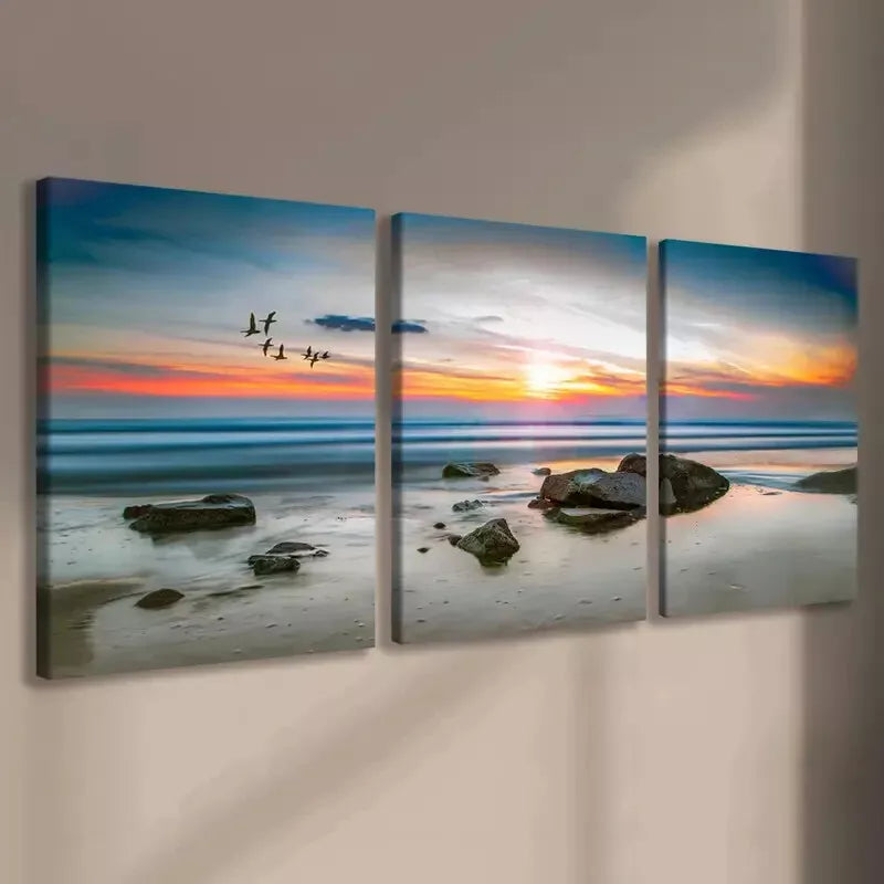 3pcs Sunset Beach Seascape with Birds Canvas Framed 40x60cm - High Quality Print 100% Australian Made Wall Canvas Ready to Hang