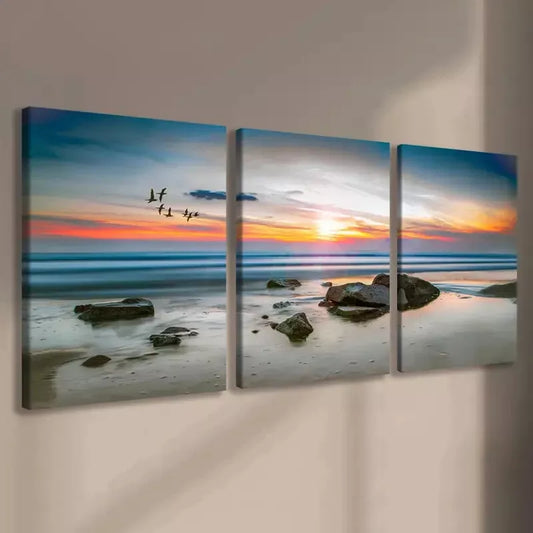 3pcs Sunset Beach Seascape with Birds Canvas Framed 40x60cm - High Quality Print 100% Australian Made Wall Canvas Ready to Hang