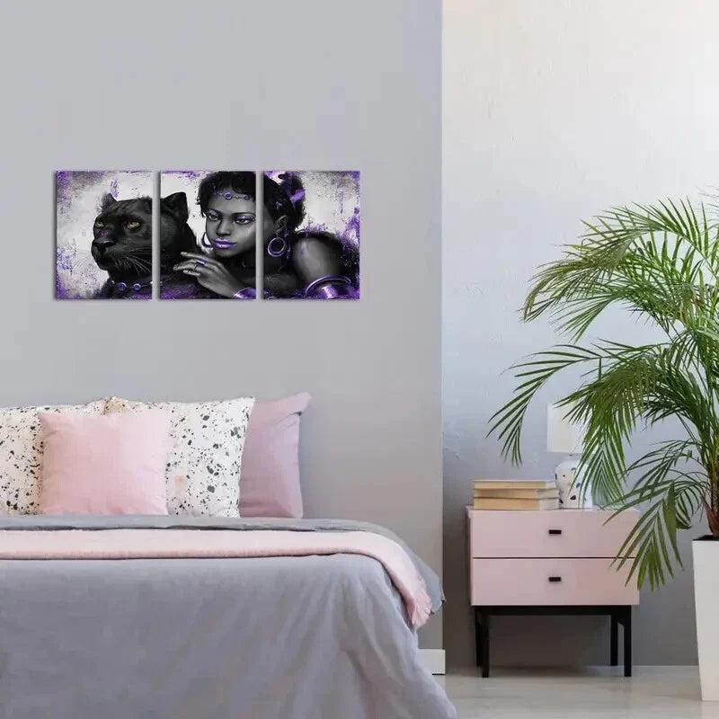 3pcs Black Woman with Queen Crown and Panther Metal Print Ready to Hang Art