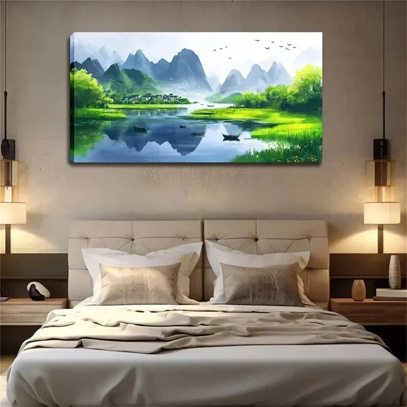 Green Grass Trees Village Wall Art Canvas Office Home Room Framed 120x60cm