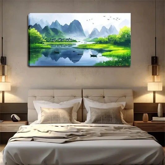 Green Grass Trees Village Wall Art Canvas Office Home Room Framed 120x60cm