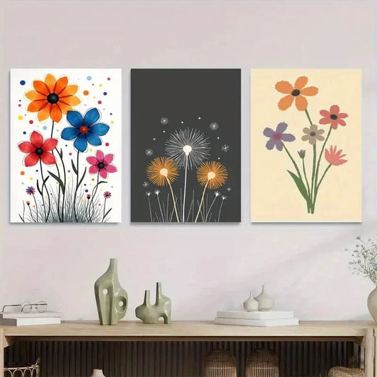 3pcs Vibrant Colorful Flowers with Dandelions  Metal Print Ready to Hang Art