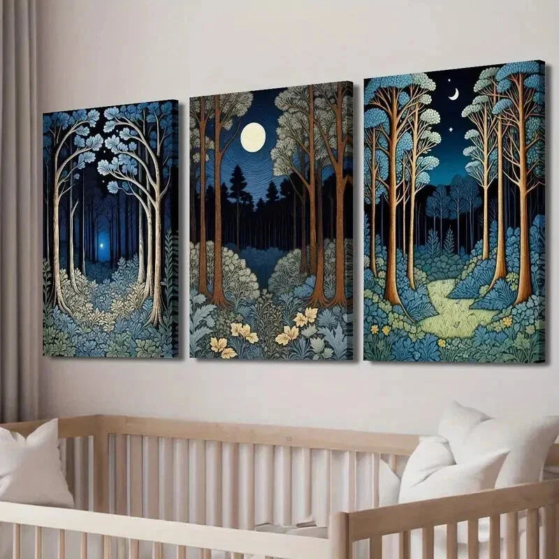 3pcs William Morris Moon and Forest Wall Art Set Canvas Framed 40x60cm - High Quality Print 100% Australian Made Wall Canvas Ready to Hang