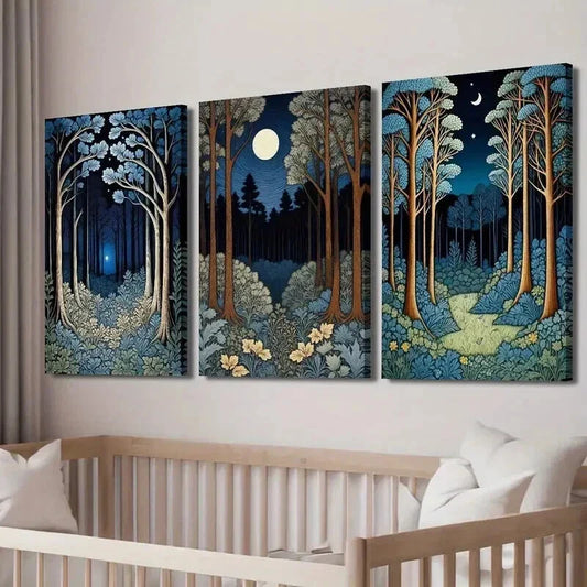 3pcs William Morris Moon and Forest Wall Art Set Canvas Framed 40x60cm - High Quality Print 100% Australian Made Wall Canvas Ready to Hang