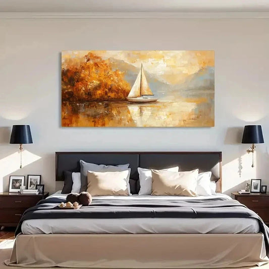 Autumn Sailboat Landscape Wall Art Canvas Office Home Room Framed 120x60cm