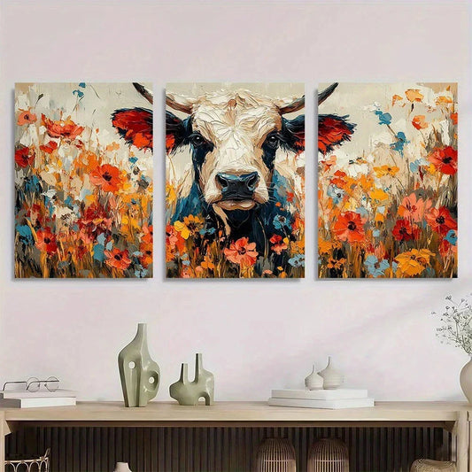 3pcs Vibrant Cow Colorful Floral Field Metal Print Ready to Hang Art