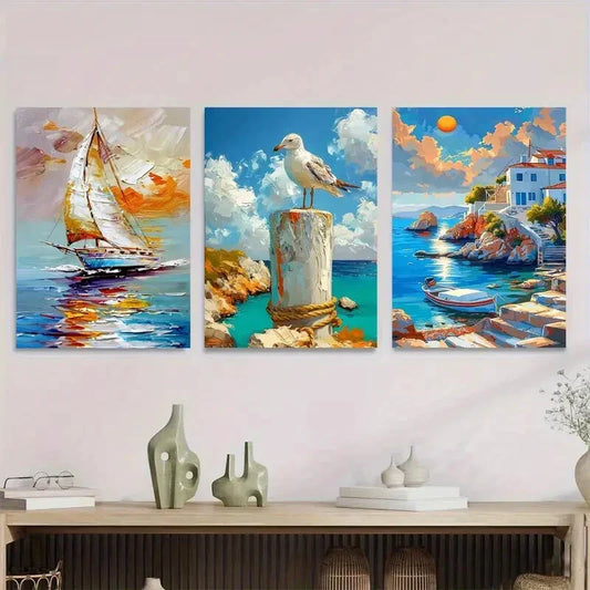 3pcs Seaside Sunset Sailboat and Seagull Triptych Metal Print Ready to Hang Art
