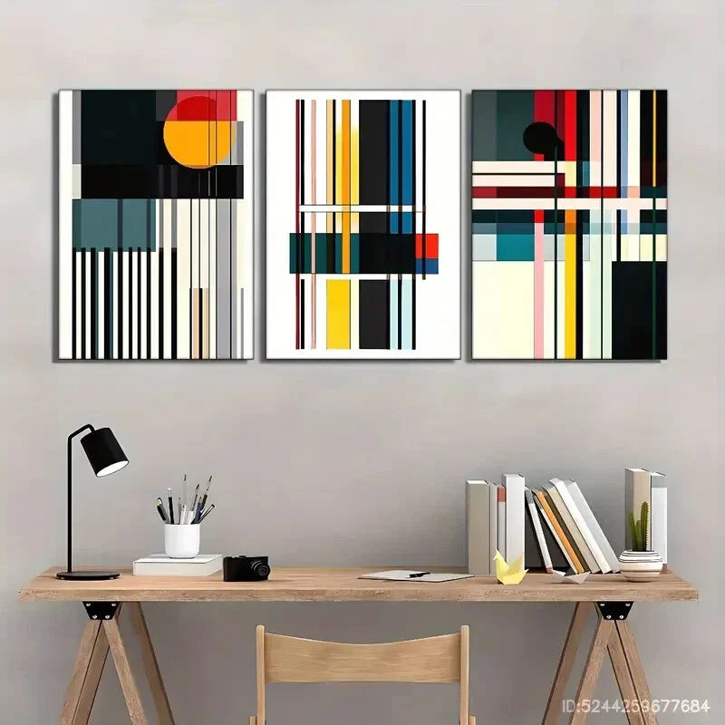 3pcs Geometric Shapes & Black Lines Minimalist Metal Print Ready to Hang Art
