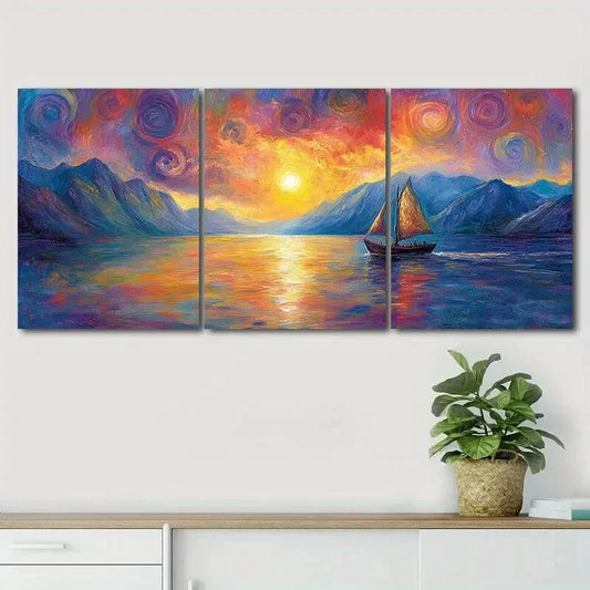 3pcs Boat Navigating On The River Perfect Wall Art Set Canvas Framed 40x60cm - High Quality Print 100% Australian Made Wall Canvas Ready to Hang