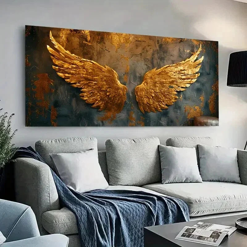 Elegant Golden Angel Wings wall canvas office home room framed 80x45cm