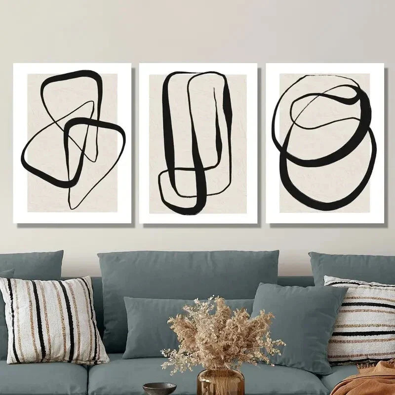 3pcs Modern Abstract Black Line Prints Metal Print Ready to Hang Art