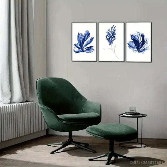 3pcs Vibrant Blue Watercolor Leaf Designs Metal Print Ready to Hang Art