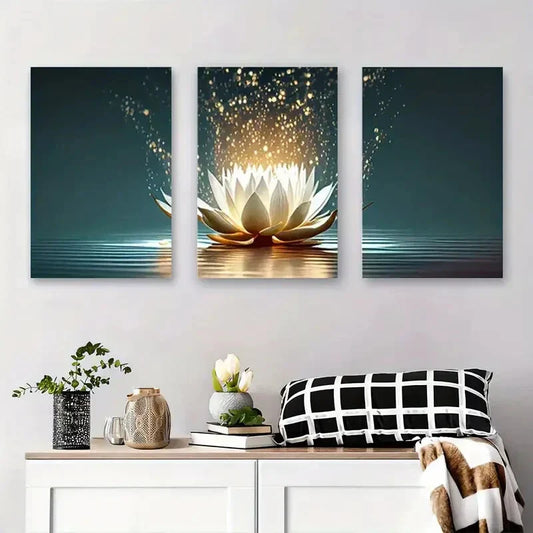 3pcs Elegant White Lotus Blossoms with Glowing Metal Print Ready to Hang Art