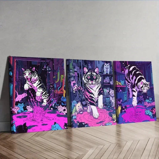 3pcs Featuring a Black And White Tiger Adorned Wall Art Set Canvas Framed 40x60cm - High Quality Print 100% Australian Made Wall Canvas Ready to Hang