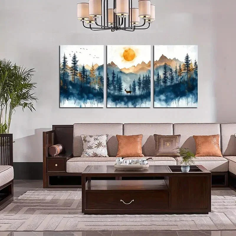 3pcs Tranquil Blue & Golden Landscape  Metal Print Ready to Hang Art