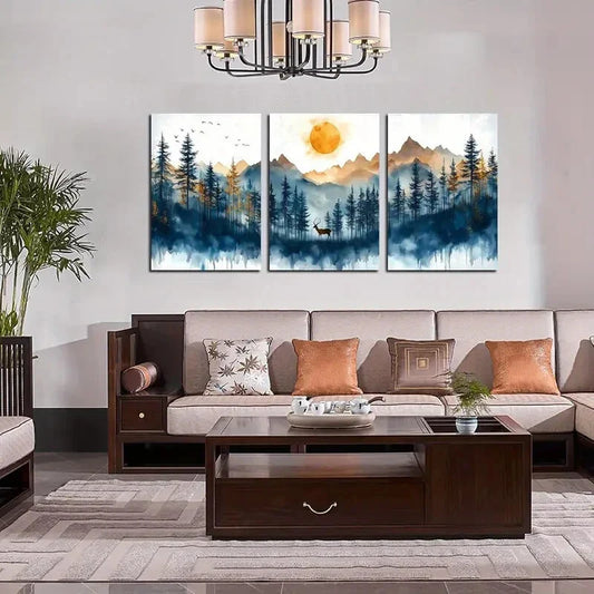 3pcs Tranquil Blue & Golden Landscape  Metal Print Ready to Hang Art