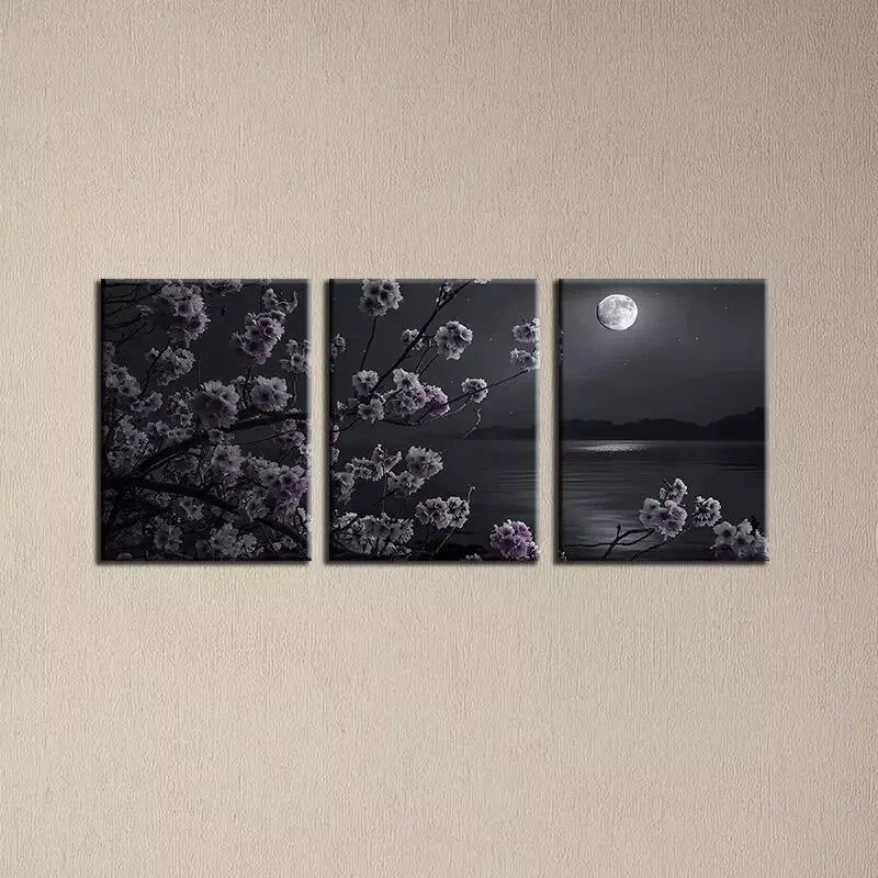 3pcs Floral Bliss by the Lake & Moon View Wall Art Set Canvas Framed 40x60cm - High Quality Print 100% Australian Made Wall Canvas Ready to Hang