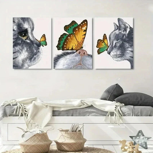 3pcs Abstract Cat & Butterfly Paintings Metal Print Ready to Hang Art