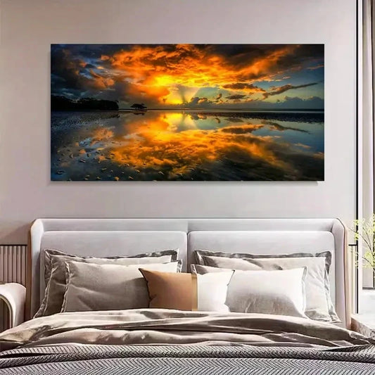 Sunset Mirror Lake Aesthetic Wall Art Canvas Office Home Room Framed 120x60cm