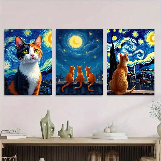 3pcs Starry Night Cat Orange, Black & White Cats Metal Print Ready to Hang Art