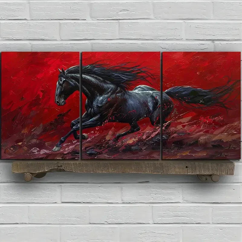 3pcs Black Horse Abstract Vivid Red and Black Metal Print Ready to Hang Art
