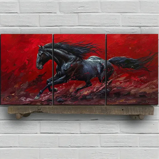 3pcs Black Horse Abstract Vivid Red and Black Metal Print Ready to Hang Art