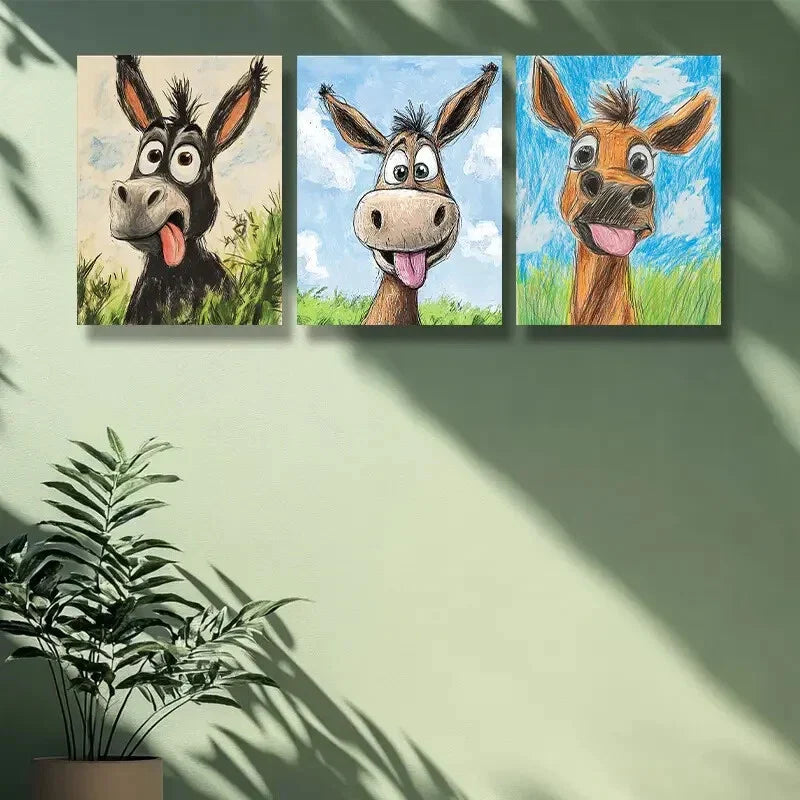 3pcs The donkey Art Painting  Metal Print Ready to Hang Art