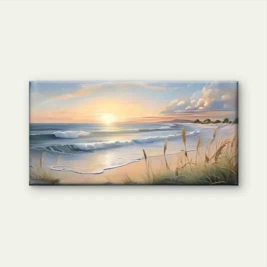 Beach Waves Grass Sunset Wall Art Canvas Office Home Room Framed 80x45cm