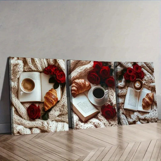 3pcs A book, red roses, bread  Wall Art Set Canvas Framed 40x60cm - High Quality Print 100% Australian Made Wall Canvas Ready to Hang