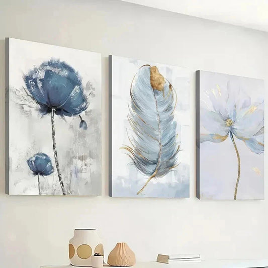 3pcs Modern Floral & Feather Decor Wall Art Set Canvas Framed 40x60cm - High Quality Print 100% Australian Made Wall Canvas Ready to Hang