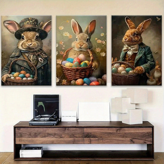 3pcs Vibrant Playful Bunnies Eggs & Floral Metal Print Ready to Hang Art