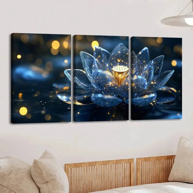 3pcs Vibrant Lotus Flower Stunning Blue & Gold Wall Art Set Canvas Framed 40x60cm - High Quality Print 100% Australian Made Wall Canvas Ready to Hang