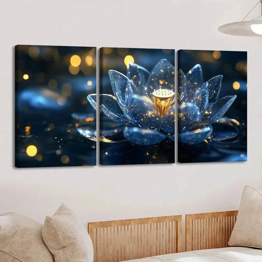 3pcs Vibrant Lotus Flower Stunning Blue & Gold Wall Art Set Canvas Framed 40x60cm - High Quality Print 100% Australian Made Wall Canvas Ready to Hang
