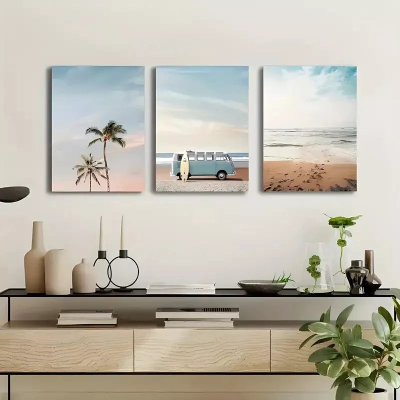 3pcs Bohemian Chic Summer Sea, Van and Beach  Wall Art Set Canvas Framed 40x60cm - High Quality Print 100% Australian Made Wall Canvas Ready to Hang