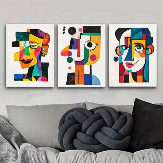 3pcs Vibrant Cubist-Style Face Triptych Wall Art Set Canvas Framed 40x60cm - High Quality Print 100% Australian Made Wall Canvas Ready to Hang