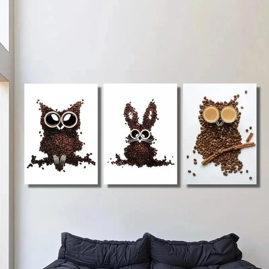 3pcs   Owl, Bunny & Rabbit Designs with Coffee Cup Metal Print Ready to Hang Art