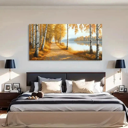 Autumn Lake & Birch Trees wall canvas office home room framed 80x45cm
