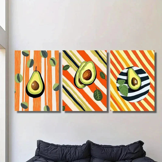 3pcs Avocado Stripe Modern Style, Metal Print Ready to Hang Art