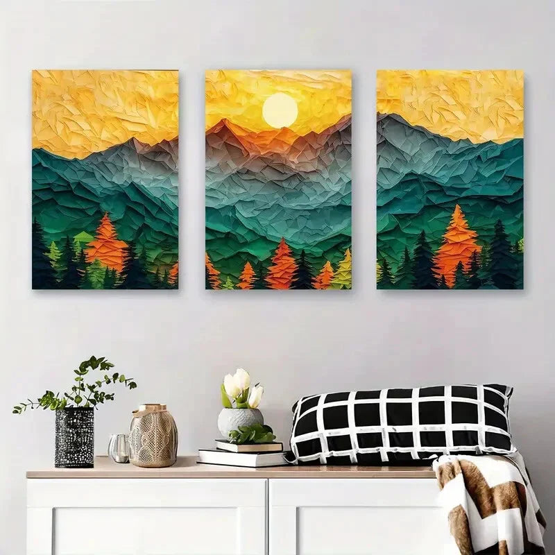 3pcs Geometric Mountain Landscape Vibrant Metal Print Ready to Hang Art